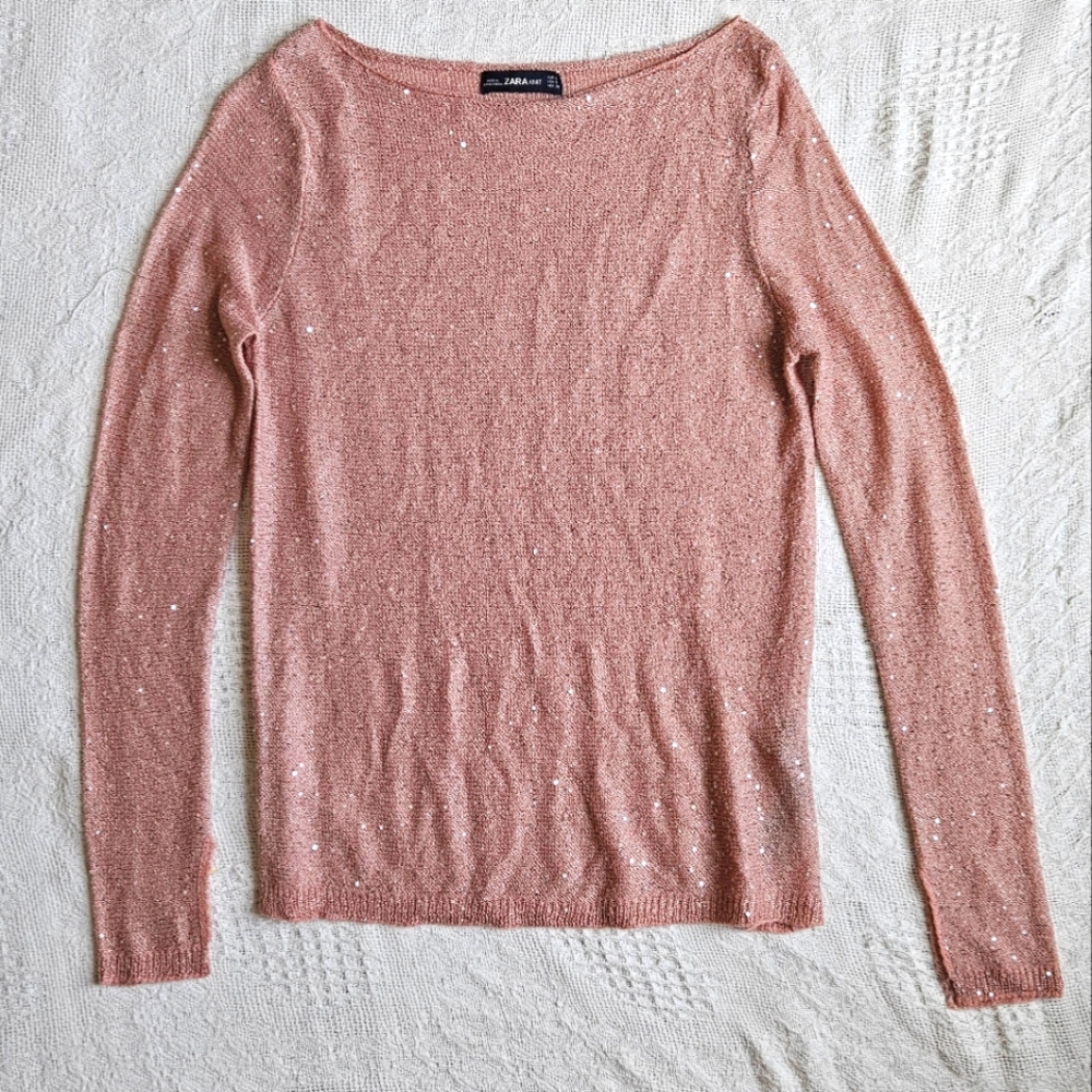 Zara Knit Dusty Rose Pink Long Sleeve Sequin Sweater Womens Small